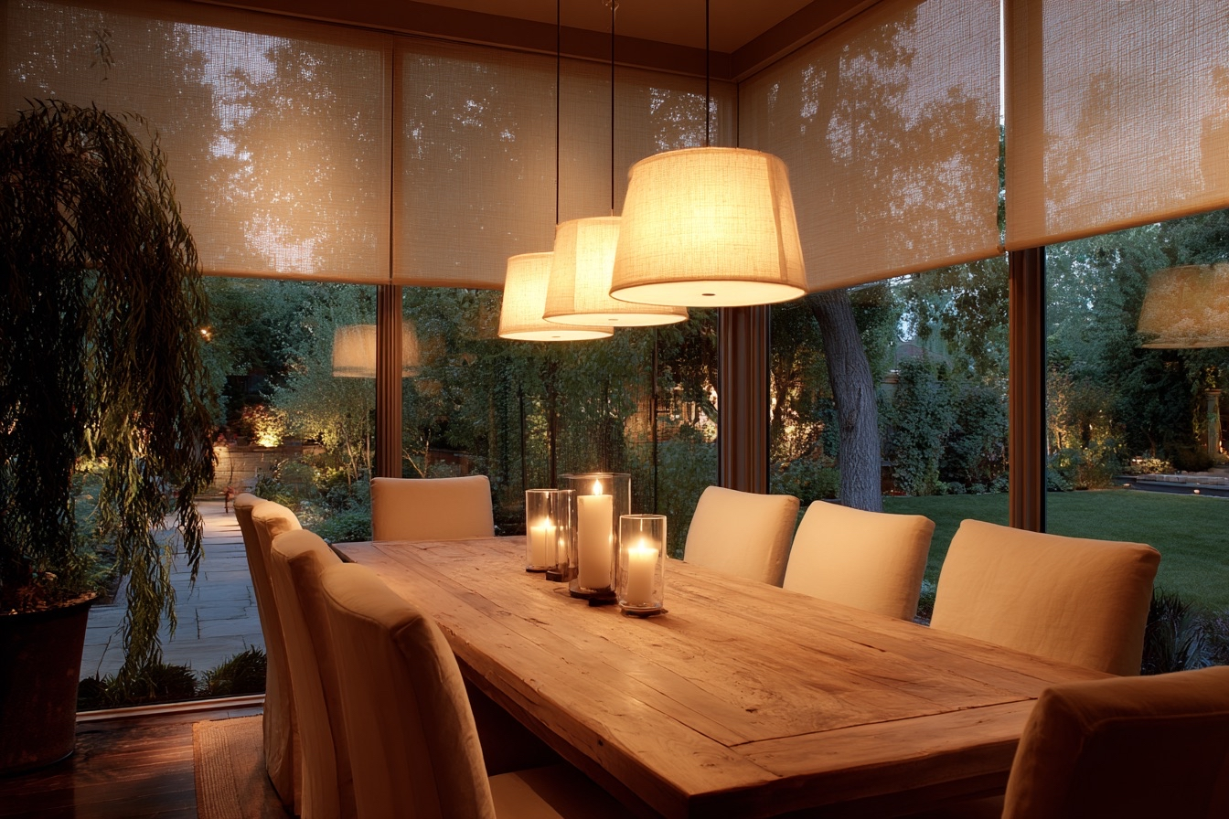 Dining room with pendant lighting and motorized shades